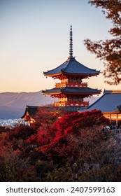 Pagoda at Kiyomizu-dera shrine by sunset.