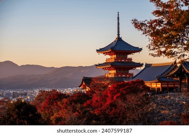 Pagoda at Kiyomizu-dera shrine by sunset.