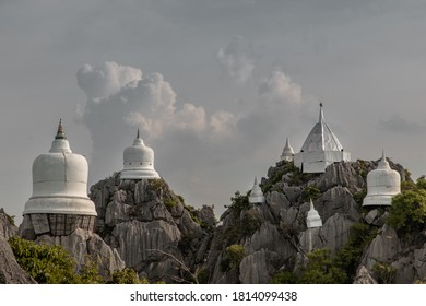 Pagoda on top of the cliff high mountain at Chaloem Phrakiat Phrachomklao Rachanuson temple (Wat Phrabat Pu Pha Daeng) Chae-Hom District, Lampang province, Unseen and Amazing temple in Thailand.