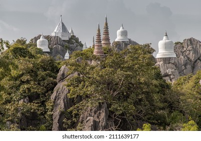Pagoda on top of the cliff high mountain at Chaloem Phrakiat Phrachomklao Rachanuson temple (Wat Phrabat Pu Pha Daeng) Chae-Hom District, Lampang province, Unseen and Amazing temple in Thailand. Selec