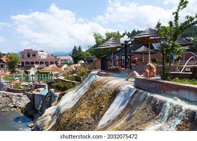 Pagosa Springs, Colorado, USA - August 19th, 2021: People Relaxing In Popular Resort The Springs, San Juan River Hot Springs 