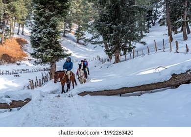 Pahalgam, Kashmir, India - January 31, 2021 : Horseman And Horse Pony Walking On Valley, Visiting Baisaran Tourist Point In Pahalgam