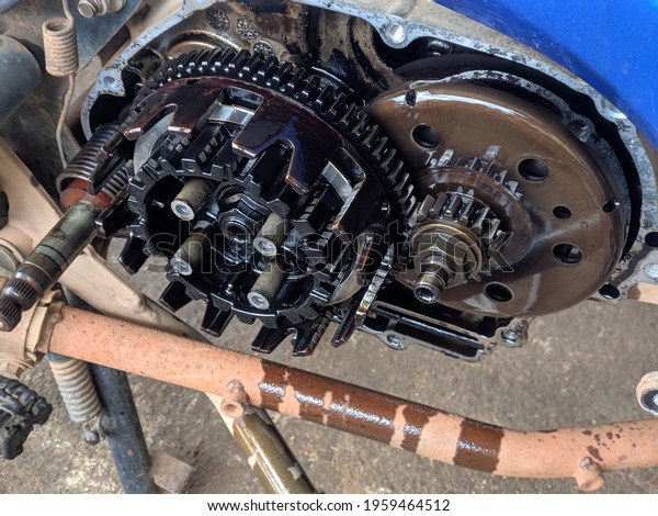 Pahang,Malaysia-20 April 2021:\
Yamaha Moped bike or motorcub engine component showing gear and\
clucth part