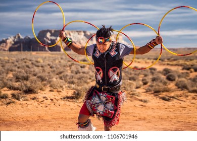 PAIGE, ARIZONA, USA - JANUARY 19, 2018: Navajo warrior performs raditional dance near Paige Arizona, USA.