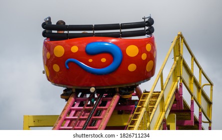 Paignton, United Kingdom - August 20 2020:  A Carriage Climbing Up The Ascent Stage Of The Wild Mouse Roller Coaster On Easteern Esplanade