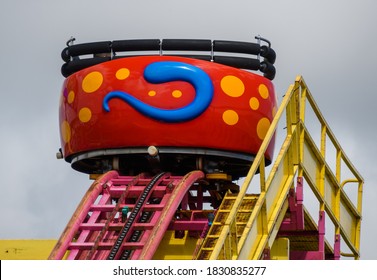 Paignton, United Kingdom - August 20 2020:  A Carriage Climbing Up The Ascent Stage Of The Wild Mouse Roller Coaster On Easteern Esplanade