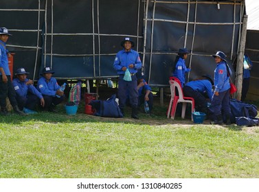 Pailin Province, Cambodia. 01-12-2018. A “HALO Trust” De-mining Team Take A Break At A Base Camp Before Leaving On Another Mission To Clear Landmines.