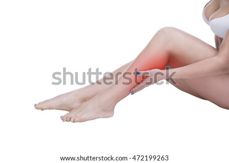 Pain in the calf muscle of the woman, massage of female feet, ache in the human body isolated on white background with red dot
