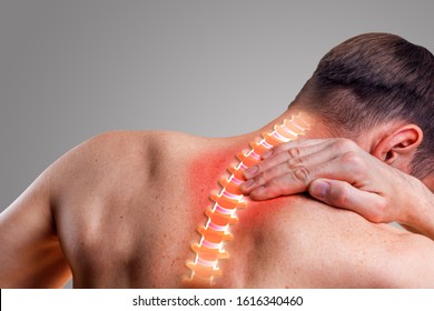 Pain in the cervical spine. Symptom of cervical chondrosis. Inflammation of the vertebra. On a gray background.