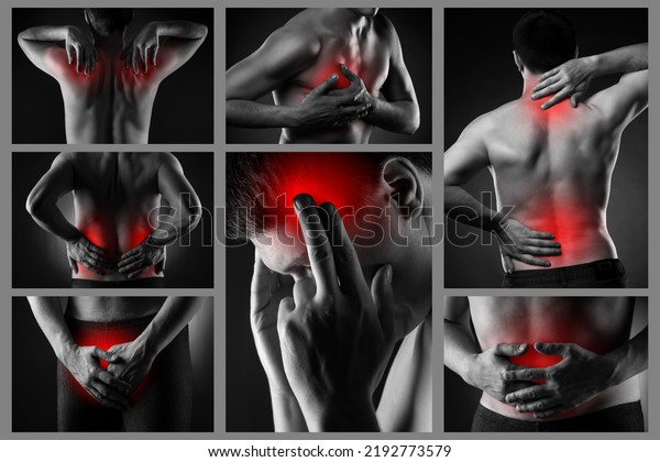 Pain\
in different man\'s body parts, neck, shoulder, heart, back,\
kidneys, head, prostate, abdomen, chronic diseases of the male\
body, collage of several photos on black\
background