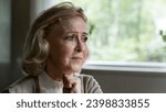 Pain in eyes. Lost upset middle age female retiree sit by window suffer of loneliness depression feel pain sorrow weak. Sad stressed senior woman grieve has affliction mental life problem. Copy space