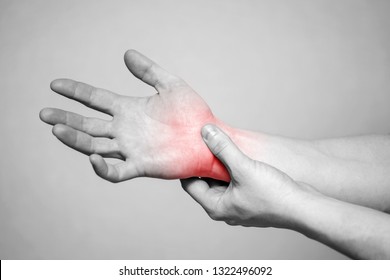 Pain in the joints of the hands. Carpal tunnel syndrome. Hand injury, feeling pain. Health care and medical concept
