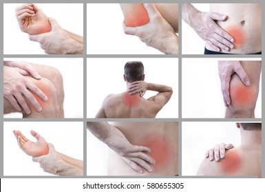 Pain in a man's body. Isolated on white background. Collage of several photos. Close up of man rubbing his painful back