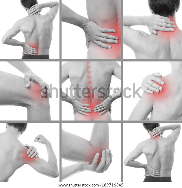 Pain in a man\'s body. Isolated on white\
background. Collage of several\
photos