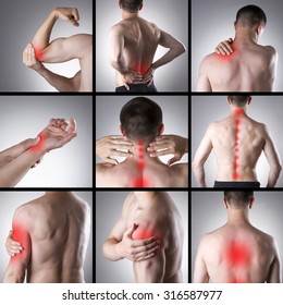 Pain in a man's body on a gray background. Collage of several photos with red dots - Shutterstock ID 316587977