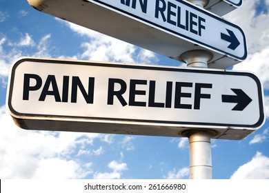 Pain Relief Direction Sign On Sky Background