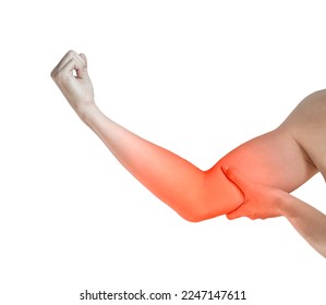 Pain in the upper arm of Southeast Asian young man. Concept of elbow  and forearm pain, injury or muscle problem. - Shutterstock ID 2247147611