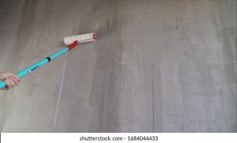 Paint The Bare Wall With A Paint Roller. Hand Painted By Roller. Primer Wall Roller