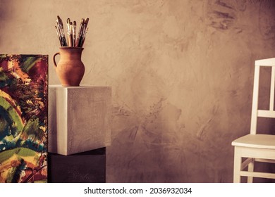 Paint brush and art painting canvas as abstract background texture. Paintbrush for painting for artistic paint still life. Abstract art concept - Powered by Shutterstock