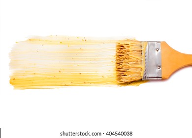 Paint Brush And Dab Of Honey Mustard Dipping Sauce. Honey Mustard Sauce. Texture. Sample And Brush Isolated On White Background. Flat Lay, Top View