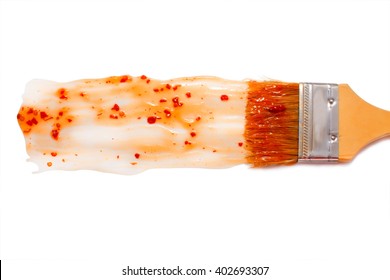 Paint Brush And Dab Of Sweet And Sour Sauce. Sour-sweet Sauce. Texture. Sample And Brush Isolated On White Background