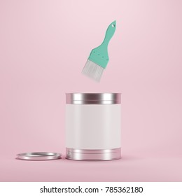 Paint Brush Floating On Pink Background With Paint Bucket. Minimal Idea Concept.