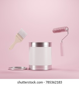 Paint Brush And Roller Paint Floating On Pink Background With Paint Bucket. Minimal Idea Concept.