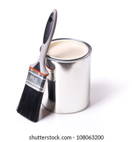 paint brush and tin can on white background