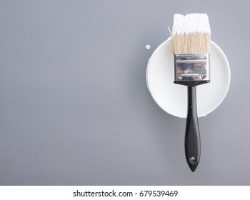 Paint Bucket With Paint Brush On Grey  Background,top View