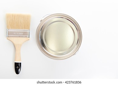 Paint Bucket With Brush View From Top Isolated On White