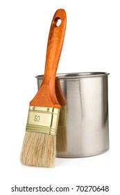 Paint Bucket And Paintbrush Isolated On White Background