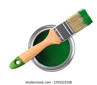 Paint Can And Brush On White Background, Top View