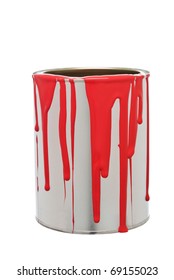 Paint Can With Red Spill Isolated On White Background