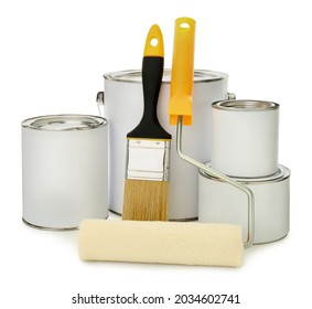Paint cans, brush and roller on white background