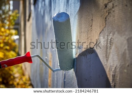 I paint the house with a roller with blue paint.