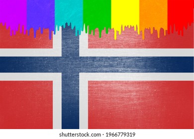 Paint (in the colors of the rainbow flag) is dripping over the national flag of Norway
