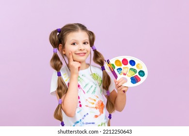 Paint painting school, A beautiful girl with paints and brushes on an isolated background. Development of children's creativity. - Powered by Shutterstock