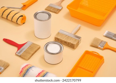 Paint renovation concept. Work and renovation. Assorted paint hand tools.