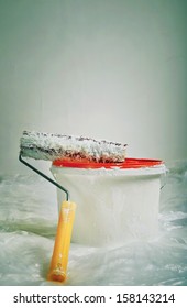 Paint Roller And Bucket Ready For Use