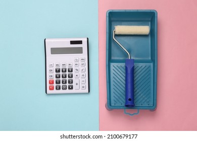 Paint Roller with container for rolling paint and calculator on pink blue background. Calculation of costs, Home renovation concept. Top view