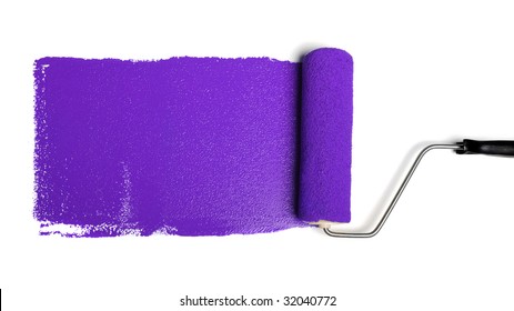 Paint Roller Leaving Stroke Of Purple Paint Over A White Background