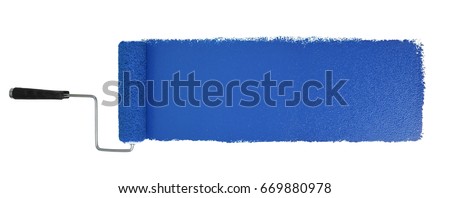 Paint roller with long blue stroke isolated over white - Stitched from two images