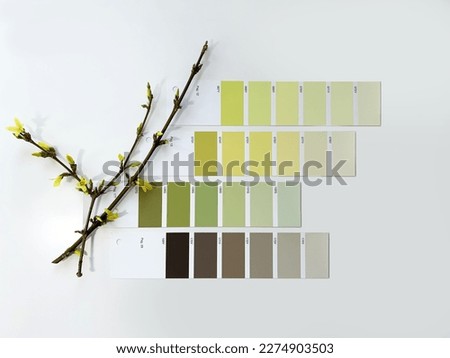 Paint samples for decorating interior or exterior design. Deciding on colors. Spring green and yellow color palette. Concept: nature inspires colors
