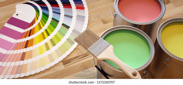 Paint shop banner. Composition with brushes, color chart and paint containers.