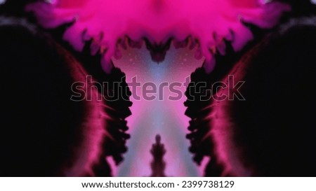 Paint spill abstract background. Defocused neon magenta pink black color ink water mix flow reveal motion symmetric ornament particles art texture.