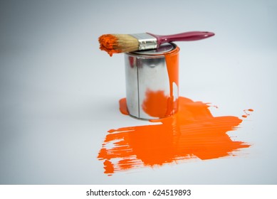 Paint Tin Can With Paint Brush,orange Color