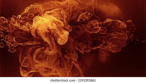 Paint In Water. Color Smoke Blast. Fire Flame Heat. Hot Blaze. Orange Red Ink Explosion Glow On Dark Steam Cloud Abstract Art Background.