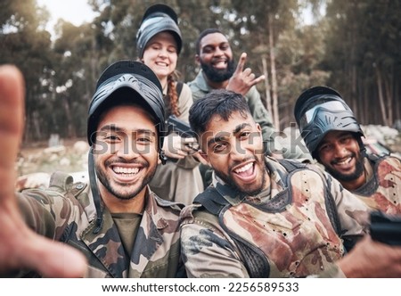 Paintball, selfie and portrait of friends relax after military, training and extreme sports, fun and happy in forest. Face, diversity and army people smile for picture after game and target practice