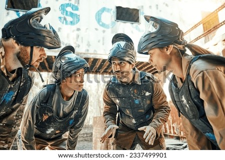 Paintball team, meeting and strategy for game plan, collaboration or ideas on the battle field together. Group of paintballers in war discussion, teamwork or speech for motivation before match start