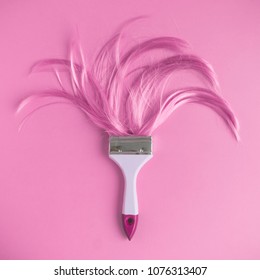 Paintbrush With Long Pink Hair Flat Lay Minimal Creative Background.